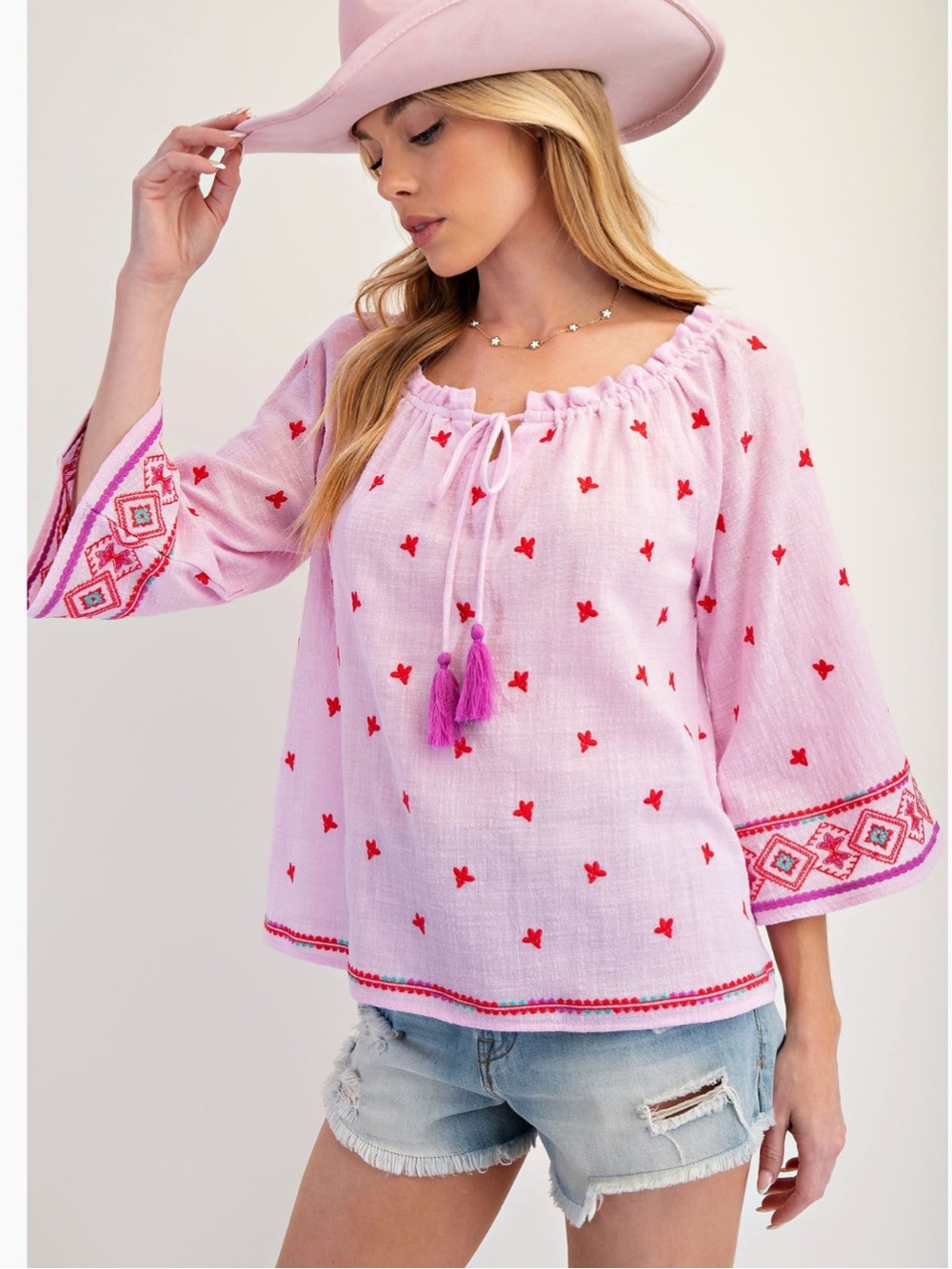 easel Pink Embroidered Peasant Blouse with Red Accents